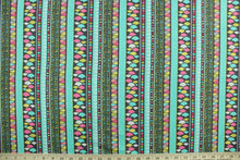 Load image into Gallery viewer, This screen printed fabric features a multi stripe geometrical design in turquoise, pink, gray, yellow, green and white.  The versatile lightweight fabric is soft and easy to sew.  It would be great for quilting, crafting and sewing projects.  
