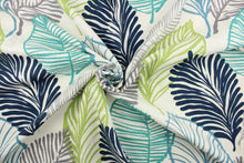 Load image into Gallery viewer, This fabric features a botanical leaf design in gray, turquoise, teal, navy blue, and lime green against a dull white .
