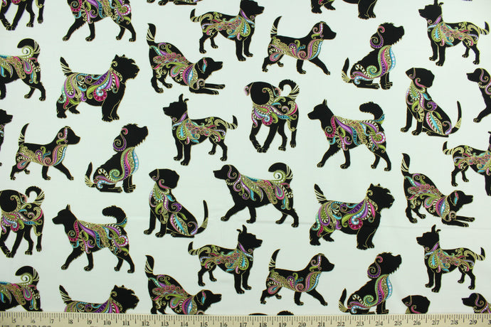 Hot Diggity is a screen printed fabric featuring black dogs with colorful paisley designs accented with gold metallic.  The versatile lightweight fabric is soft and easy to sew.  It would be great for quilting, crafting and sewing projects.  Colors included are black, white, gold, blue, red, green, purple, coral and magenta.