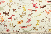 Load image into Gallery viewer, This fabric features a dog design in orange, red, brown, gray, taupe and tan against a off white . 
