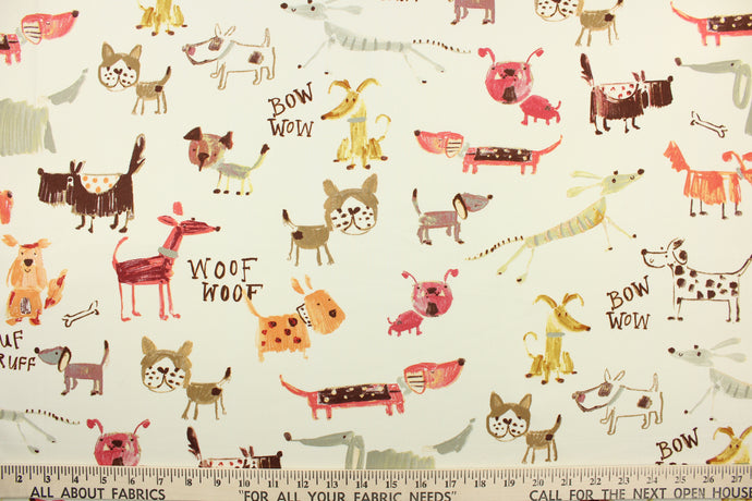 This fabric features a dog design in orange, red, brown, gray, taupe and tan against a off white . 
