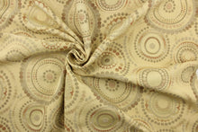 Load image into Gallery viewer, This contemporary geometric design features overlapping circles and dots in a brown, beige, green,  tan, taupe, and cream.
