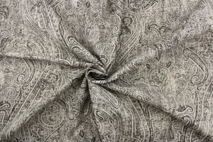 This fabric features a demask design in  varying shades of gray and hints of black against a dull off white.