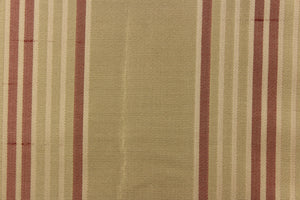  Featuring a  vertical striped pattern  in colors of red and beige  with a  slight sheen to enhance the rich colors and overall design. 