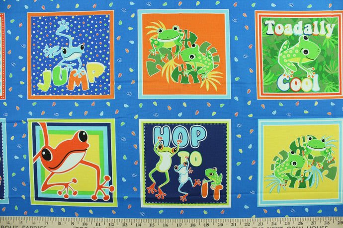  Toadally cool features bright colorful frogs in blocks with various sayings.  The versatile lightweight fabric is soft and easy to sew.  It would be great for quilting, crafting and sewing projects.  Colors included are green, blue, orange, yellow and red.