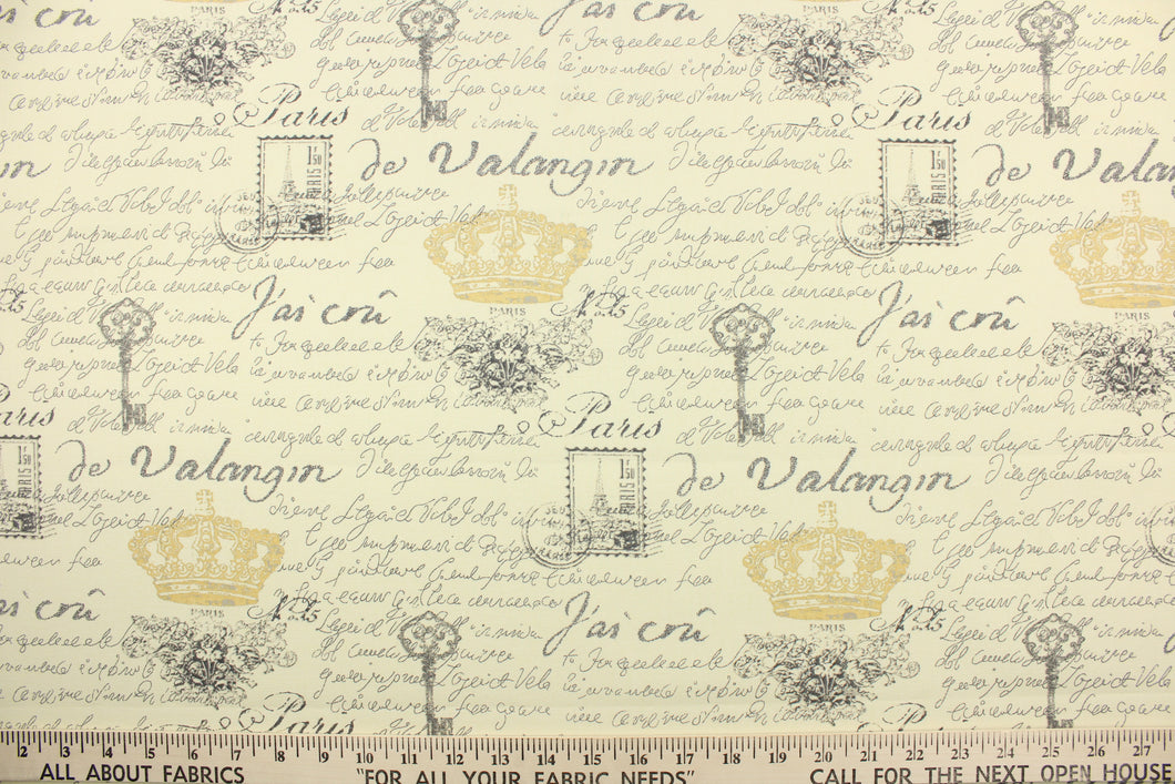 A Paris theme design in golden yellow, and gray against a creamy white. 