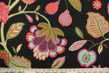 Load image into Gallery viewer, This fabric features a vibrant floral design in green, purple, turquoise, orange, pink, beige, red, and white against a black background. 
