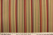 Load image into Gallery viewer, This rich woven yarn dyed fabric features bold multi width striped pattern in rich red, bronze, green, dark beige, and a dark purple. 
