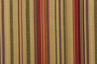 This rich woven yarn dyed fabric features bold multi width striped pattern in rich red, bronze, green, dark beige, and a dark purple. 