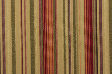 Load image into Gallery viewer, This rich woven yarn dyed fabric features bold multi width striped pattern in rich red, bronze, green, dark beige, and a dark purple. 
