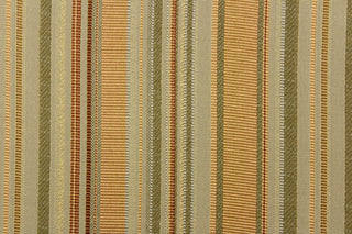 This rich woven yarn dyed fabric features bold multi width striped pattern in golden yellow, moss green, tan brown, beige, with hints of gray.