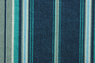 Terrace is an outdoor fabric featuring stripes in shades of blue, teal and gray.  It is perfect for outdoor settings or indoors in a sunny room.  Solarium fabrics can withstand up to 500 hours of sunlight, water and stain resistant and has a rating of 10,000 double rubs.  Uses include toss pillows, cushions, upholstery, pool furniture, tote bags and more.