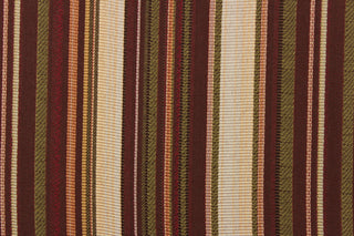 This rich woven yarn dyed fabric features bold multi width striped pattern in burgundy, green, gold, bronze, and beige. 