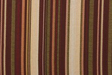 Load image into Gallery viewer, This rich woven yarn dyed fabric features bold multi width striped pattern in burgundy, green, gold, bronze, and beige. 
