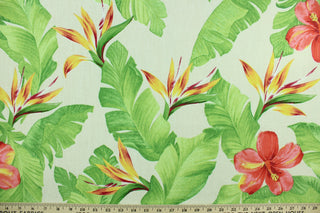 Monsoon is an outdoor fabric featuring large banana leaves and tropical flowers.  Perfect for outdoor settings or indoors in a sunny room.  It can withstand up to 500 hours of sunlight, water and stain resistant and has a rating of 10,000 double rubs.  Uses include toss pillows, cushions, upholstery, pool furniture, tote bags and more.  Colors include red, green, yellow and ivory.