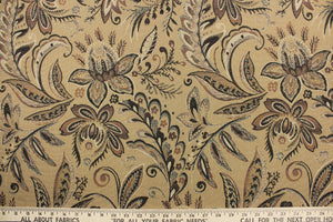This tapestry features a floral design in black, brown, tan, beige, and hints of cream. 