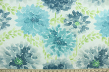 Load image into Gallery viewer, This screen printed fabric features large flowers in blue tones, turquoise and green set against a solid white background. It is perfect for any project where the fabric will be exposed to the weather.  Able to resist stains and water, and has a rating of 10,000 double rubs, UV tested and can withstand 500 hours of direct sunlight  Uses include cushions, tablecloths, upholstery projects, decorative pillows and craft projects. This fabric has a slightly stiff feel but is easy to work with.  
