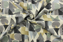 Load image into Gallery viewer, This fabric features a block letter design in gray, charcoal gray, tan or beige, off white, and seafoam green .
