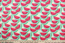 Load image into Gallery viewer, This fabric features a watermelon design in rich pink, light blue, black, and green against a dull white background . 
