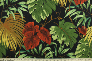 Tropique features beautiful tropical flowers and leaves in red, green, brown and yellow set against a black background.  It is perfect for outdoor settings or indoors in a sunny room.  It is stain and water resistant and can withstand up to 500 hours of direct sun exposure and has a durability rating of 10,000 double rubs.  Uses include decorative pillows, cushions, chair pads, tote bags and upholstery.