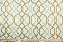 Load image into Gallery viewer, This fabric features a geometric design in light blue and taupe against a off white background. 
