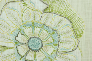 Almada features a large scale floral design in blue, green, yellow, brown and cream.  It can be used for several different statement projects including window accents (drapery, curtains and swags), decorative pillows, hand bags, bed skirts, duvet covers, upholstery and craft projects.  It has a soft workable feel yet is stable and durable with 15,000 double rubs.
