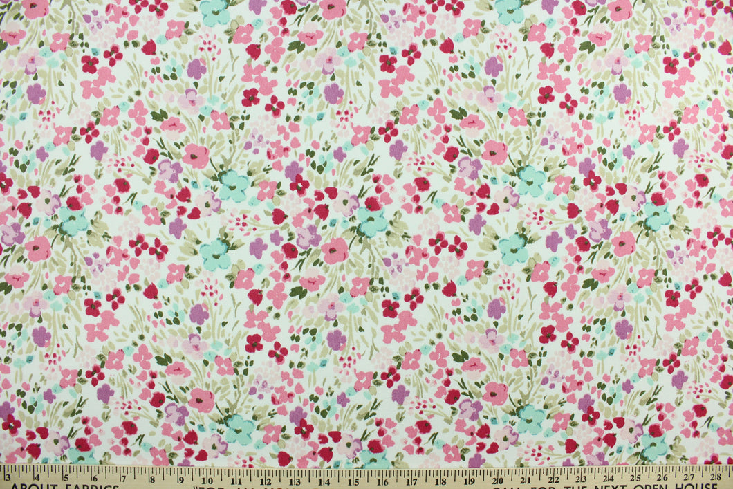  This screen printed fabric features tiny flowers in shades of pink, purple, brown and light teal against a solid white background.  It is perfect for any project where the fabric will be exposed to the weather.  Able to resist stains and water, and has a rating of 10,000 double rubs, UV tested and can withstand 500 hours of direct sunlight  Uses include cushions, tablecloths, upholstery projects, decorative pillows and craft projects. This fabric has a slightly stiff feel but is easy to work with.  