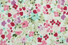 Load image into Gallery viewer,  This screen printed fabric features tiny flowers in shades of pink, purple, brown and light teal against a solid white background.  It is perfect for any project where the fabric will be exposed to the weather.  Able to resist stains and water, and has a rating of 10,000 double rubs, UV tested and can withstand 500 hours of direct sunlight  Uses include cushions, tablecloths, upholstery projects, decorative pillows and craft projects. This fabric has a slightly stiff feel but is easy to work with.  
