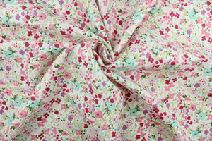  This screen printed fabric features tiny flowers in shades of pink, purple, brown and light teal against a solid white background.  It is perfect for any project where the fabric will be exposed to the weather.  Able to resist stains and water, and has a rating of 10,000 double rubs, UV tested and can withstand 500 hours of direct sunlight  Uses include cushions, tablecloths, upholstery projects, decorative pillows and craft projects. This fabric has a slightly stiff feel but is easy to work with.  