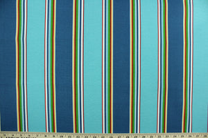 This multi use fabric features a heavy striped design in red, yellow, green blue, white, yellow and turquoise.  It is perfect for outdoor settings or indoors in a sunny room.  It is stain and water resistant and can withstand up to 500 hours of direct sun exposure and has a durability rating of 10,000 double rubs.  Uses include decorative pillows, cushions, chair pads, tote bags and upholstery.