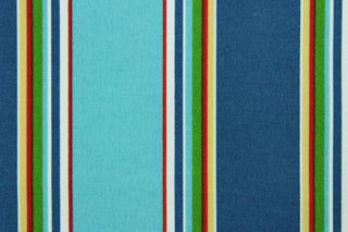 This multi use fabric features a heavy striped design in red, yellow, green blue, white, yellow and turquoise.  It is perfect for outdoor settings or indoors in a sunny room.  It is stain and water resistant and can withstand up to 500 hours of direct sun exposure and has a durability rating of 10,000 double rubs.  Uses include decorative pillows, cushions, chair pads, tote bags and upholstery.