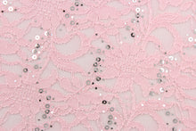Load image into Gallery viewer,  This lace features a floral sequin design in pink with a stretch. 

