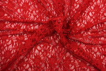 Load image into Gallery viewer, This lace features a sequin floral design in a rich red with a stretch.
