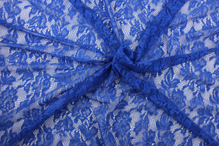 This lace features a floral design in a rich royal blue with a stretch.