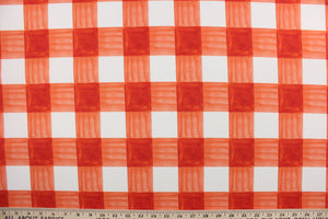  Painterly Plaid is perfect for outdoor environments.  It features a classic buffalo check pattern in the shades of coral and white, and has a durability rating of 13,000 double rubs. This upholstery fabric is stylish, sturdy, and sure to stand the test of time.  Uses include cushions, tablecloths, upholstery projects, decorative pillows and craft projects. This fabric has a slightly stiff feel but is easy to work with.  