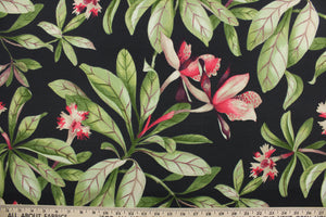 This screen printed fabric features beautiful orchid flowers and foliage in red, pink, deep purple, light brown and green against a black background.  It is perfect for any project where the fabric will be exposed to the weather.  Able to resist stains and water and can withstand 500 hours of direct sunlight  Uses include cushions, tablecloths, upholstery projects, decorative pillows and craft projects. This fabric has a slightly stiff feel but is easy to work with.  