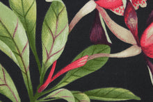 Load image into Gallery viewer, This screen printed fabric features beautiful orchid flowers and foliage in red, pink, deep purple, light brown and green against a black background.  It is perfect for any project where the fabric will be exposed to the weather.  Able to resist stains and water and can withstand 500 hours of direct sunlight  Uses include cushions, tablecloths, upholstery projects, decorative pillows and craft projects. This fabric has a slightly stiff feel but is easy to work with.  
