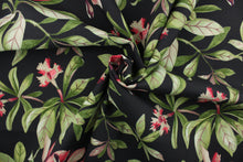 Load image into Gallery viewer, This screen printed fabric features beautiful orchid flowers and foliage in red, pink, deep purple, light brown and green against a black background.  It is perfect for any project where the fabric will be exposed to the weather.  Able to resist stains and water and can withstand 500 hours of direct sunlight  Uses include cushions, tablecloths, upholstery projects, decorative pillows and craft projects. This fabric has a slightly stiff feel but is easy to work with.  
