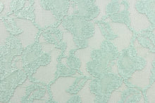 Load image into Gallery viewer, This lace features a floral design in a mint green with a stretch.
