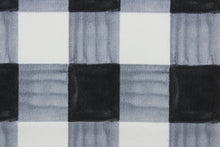 Load image into Gallery viewer,  Painterly Plaid is perfect for outdoor environments.  It features a classic buffalo check pattern in the shades of black and white, and has a durability rating of 13,000 double rubs. This upholstery fabric is stylish, sturdy, and sure to stand the test of time.  Uses include cushions, tablecloths, upholstery projects, decorative pillows and craft projects. This fabric has a slightly stiff feel but is easy to work with.  
