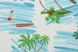 Ride the Tide is a multi use fabric with beach scenes featuring surfers, sailboats, waves and palm trees.  It is perfect for any project where the fabric will be exposed to the weather.  Able to resist stains and water and can withstand 500 hours of direct sunlight.  Strong and durable with a rating of 51,000 double rubs.  Uses include cushions, tablecloths, upholstery projects, decorative pillows and craft projects. This fabric has a slightly stiff feel but is easy to work with.  