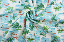 Load image into Gallery viewer, Ride the Tide is a multi use fabric with beach scenes featuring surfers, sailboats, waves and palm trees.  It is perfect for any project where the fabric will be exposed to the weather.  Able to resist stains and water and can withstand 500 hours of direct sunlight.  Strong and durable with a rating of 51,000 double rubs.  Uses include cushions, tablecloths, upholstery projects, decorative pillows and craft projects. This fabric has a slightly stiff feel but is easy to work with.  
