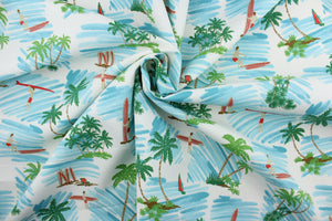 Ride the Tide is a multi use fabric with beach scenes featuring surfers, sailboats, waves and palm trees.  It is perfect for any project where the fabric will be exposed to the weather.  Able to resist stains and water and can withstand 500 hours of direct sunlight.  Strong and durable with a rating of 51,000 double rubs.  Uses include cushions, tablecloths, upholstery projects, decorative pillows and craft projects. This fabric has a slightly stiff feel but is easy to work with.  