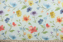 Load image into Gallery viewer, Until Now is a multi use fabric featuring a floral design with a soil and stain repellant finish.  It can be used for several different statement projects including window accents (drapery, curtains and swags), decorative pillows, hand bags, bed skirts, duvet covers, upholstery and craft projects.  It has a soft workable feel yet is stable and durable.  Colors included are shades of blue, purple, golden yellow, orange, green, brown and light mint green.
