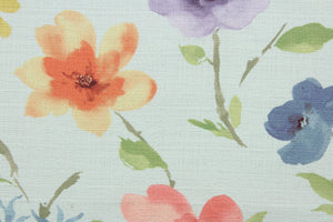 Until Now is a multi use fabric featuring a floral design with a soil and stain repellant finish.  It can be used for several different statement projects including window accents (drapery, curtains and swags), decorative pillows, hand bags, bed skirts, duvet covers, upholstery and craft projects.  It has a soft workable feel yet is stable and durable.  Colors included are shades of blue, purple, golden yellow, orange, green, brown and light mint green.