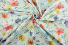 Load image into Gallery viewer, Until Now is a multi use fabric featuring a floral design with a soil and stain repellant finish.  It can be used for several different statement projects including window accents (drapery, curtains and swags), decorative pillows, hand bags, bed skirts, duvet covers, upholstery and craft projects.  It has a soft workable feel yet is stable and durable.  Colors included are shades of blue, purple, golden yellow, orange, green, brown and light mint green.
