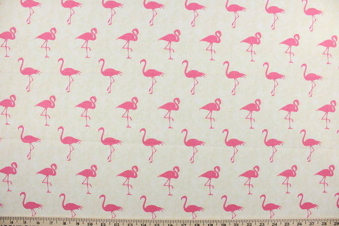  Leg Up is a multi use fabric featuring pink flamingos on a cream colored background.  It can be used for several different statement projects including window accents (drapery, curtains and swags), decorative pillows, hand bags, bed skirts, duvet covers, upholstery and craft projects.  It has a soft workable feel yet is stable and durable.