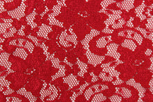 Load image into Gallery viewer, This lace features a floral design in a rich red with a stretch. 
