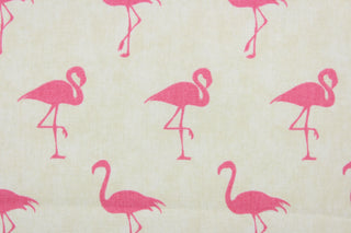  Leg Up is a multi use fabric featuring pink flamingos on a cream colored background.  It can be used for several different statement projects including window accents (drapery, curtains and swags), decorative pillows, hand bags, bed skirts, duvet covers, upholstery and craft projects.  It has a soft workable feel yet is stable and durable.