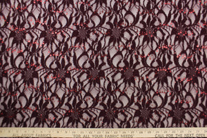 This lace features a floral sequin design in a  rich dark plum  with a stretch. 